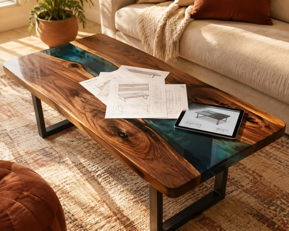 Walnut epoxy river table with printed plans and a tablet